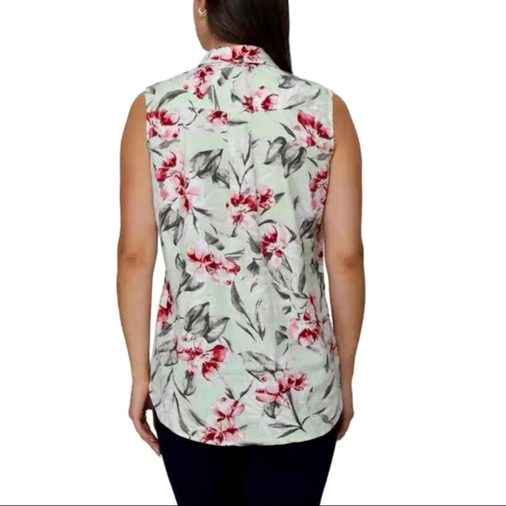 NWT Nicole Miller women's linen blend sleeveless top floral green Size Small